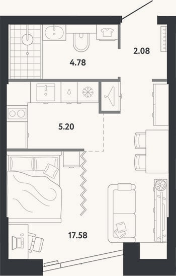 Планировка: Студия, 29,6 м²
