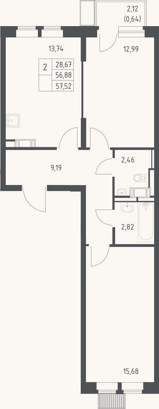 Планировка: 2-к, 56,9 м²
