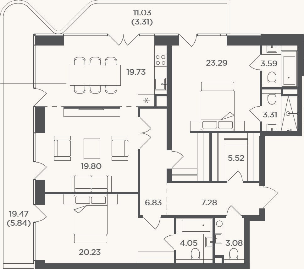Планировка: 3-к, 116,7 м²