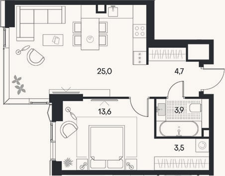 Планировка: 2-к, 50,6 м²