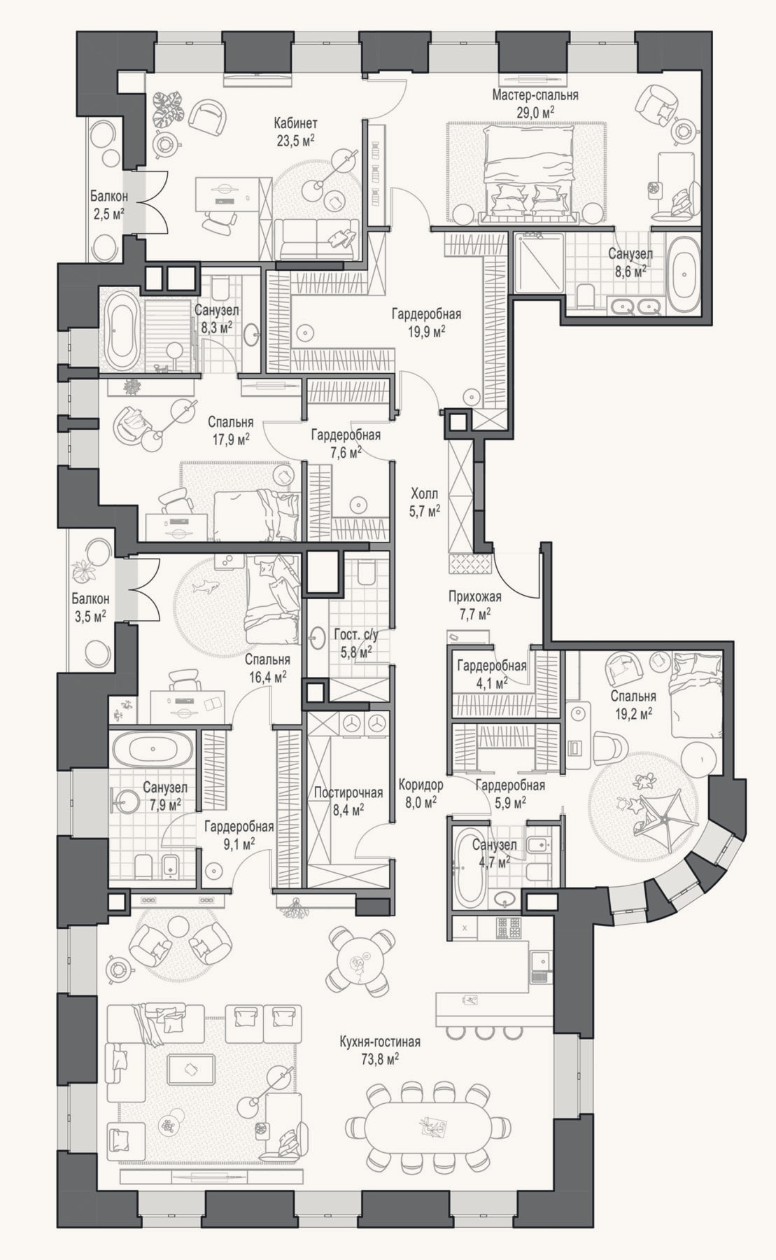 Планировка: 4+ к, 285,8 м²