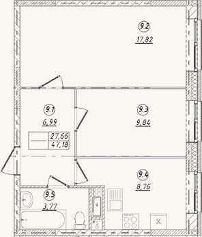 Планировка: 2-к, 47,2 м²