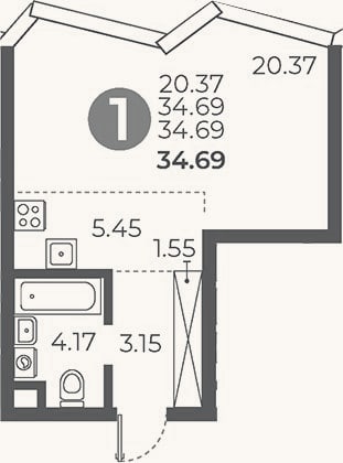 Планировка: Студия, 34,7 м²