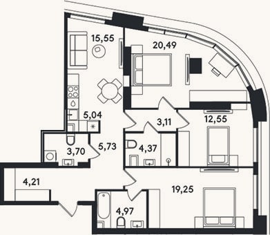 Планировка: 4+ к, 99 м²