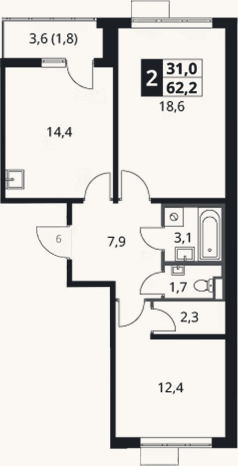 Планировка: 2-к, 60,4 м²