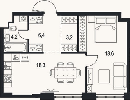 Планировка: 2-к, 50,7 м²