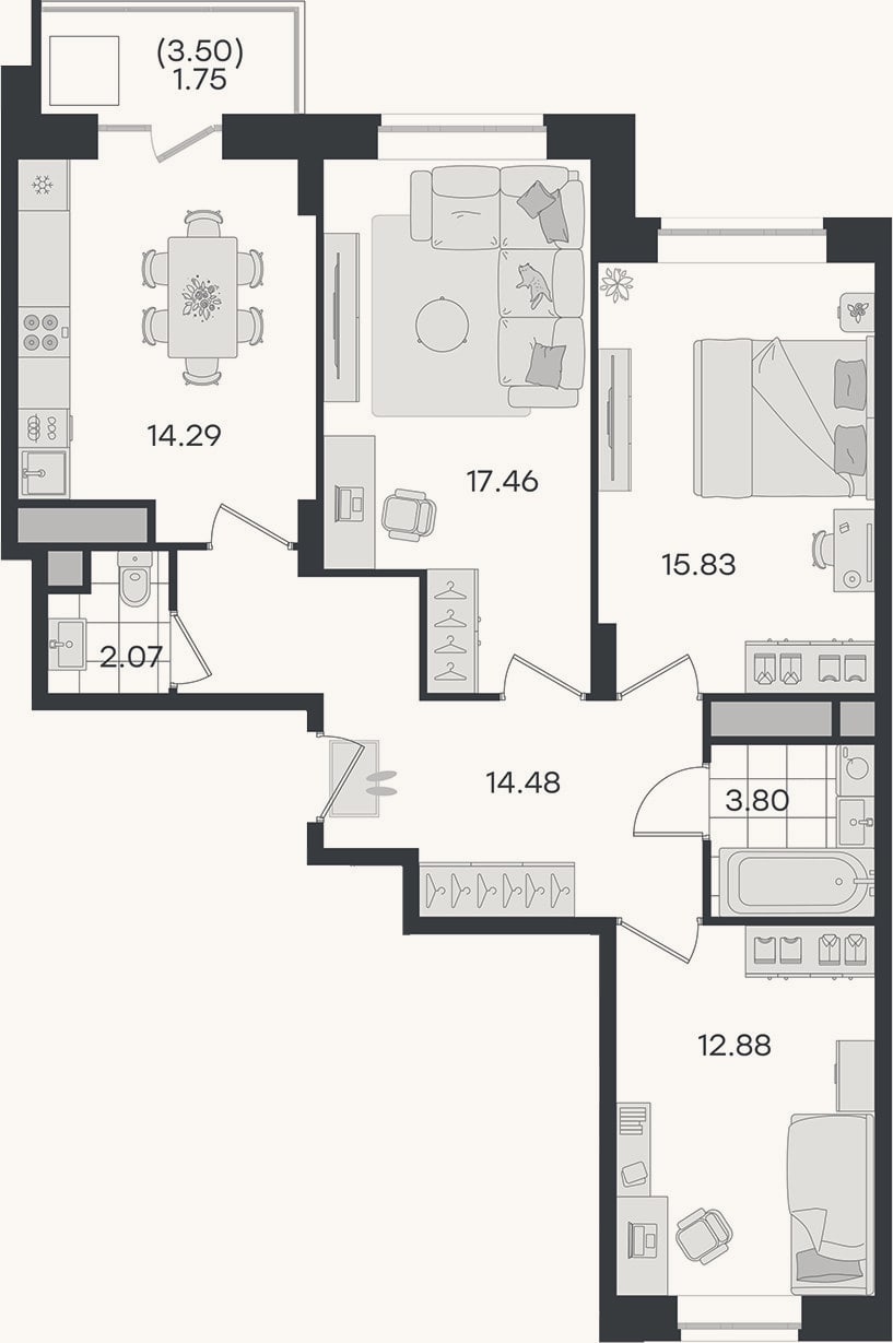 Планировка: 3-к, 80,8 м²