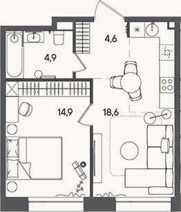 Планировка: 2-к, 43 м²