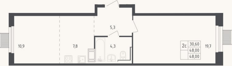 Планировка: 2-к, 48 м²