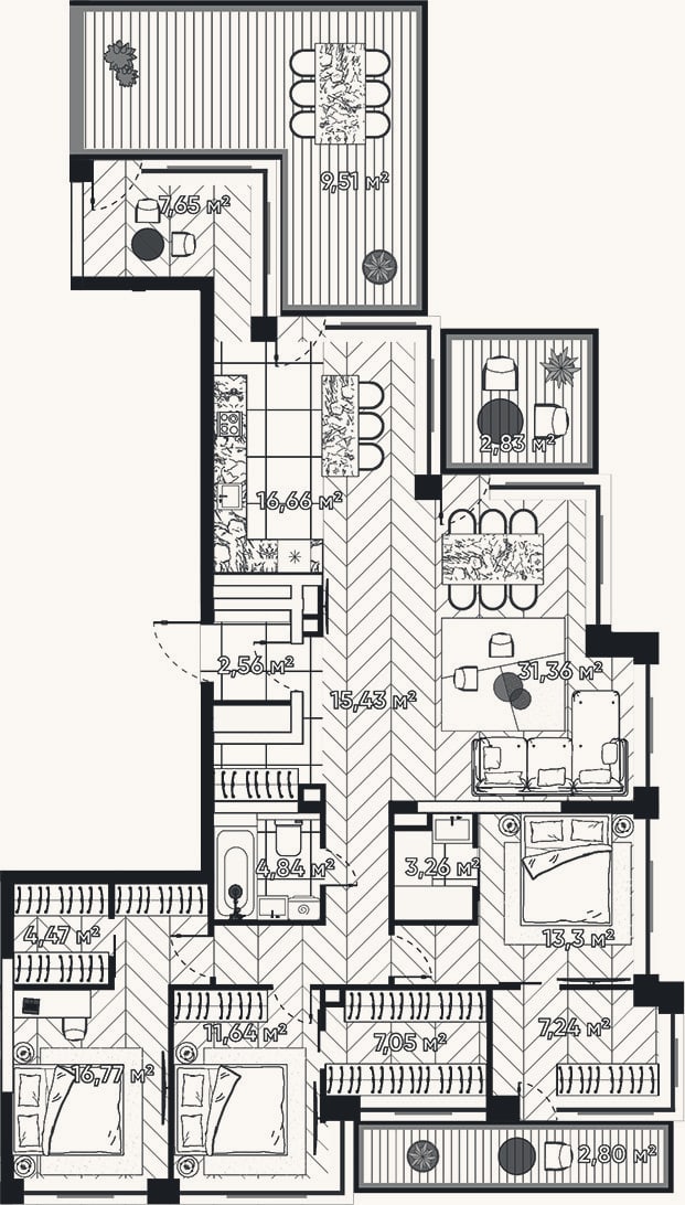 Планировка: 4+ к, 142,2 м²