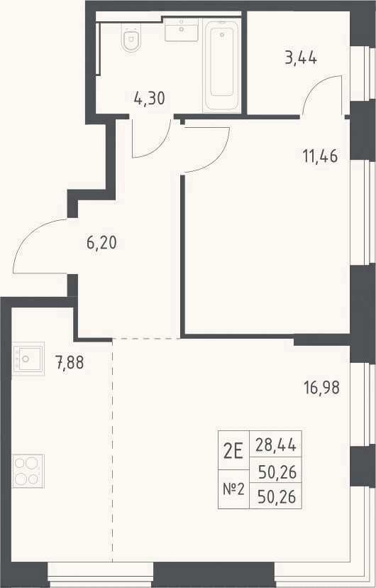Планировка: 2-к, 50,3 м²