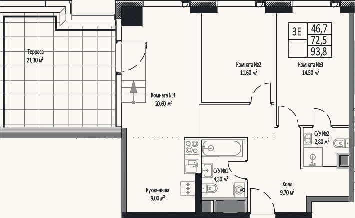 Планировка: 3-к, 72,5 м²