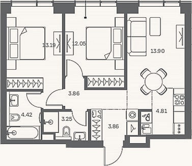 Планировка: 3-к, 59,3 м²