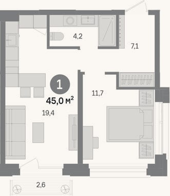 Планировка: 1-к, 42,4 м²