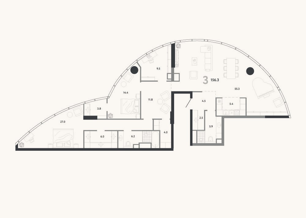 Планировка: 4+ к, 156,3 м²
