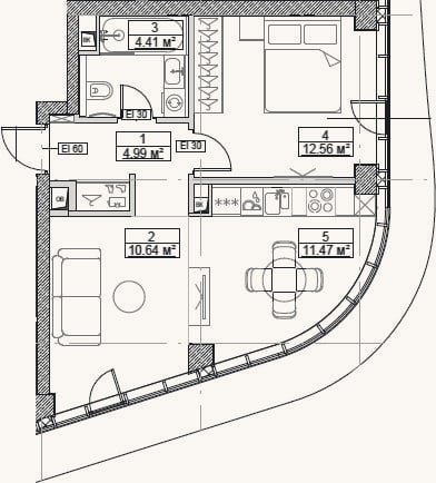 Планировка: 2-к, 44,1 м²