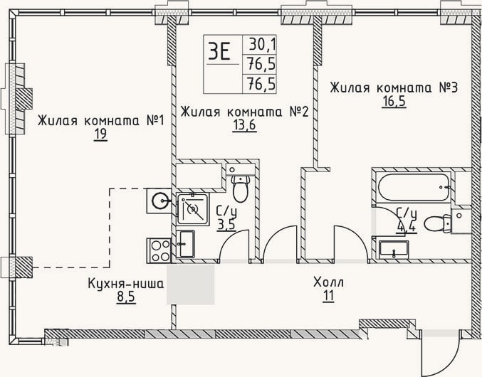 Планировка: 3-к, 76,5 м²