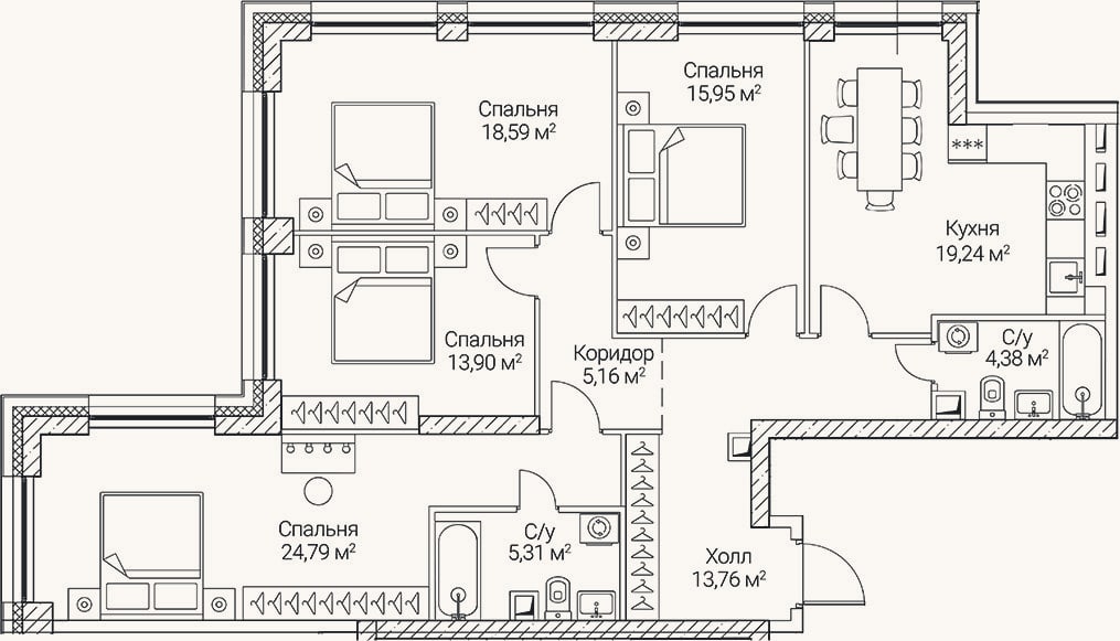 Планировка: 4+ к, 121,1 м²