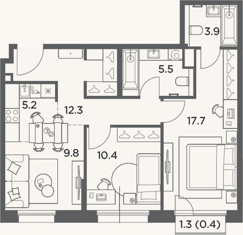 Планировка: 3-к, 64,8 м²