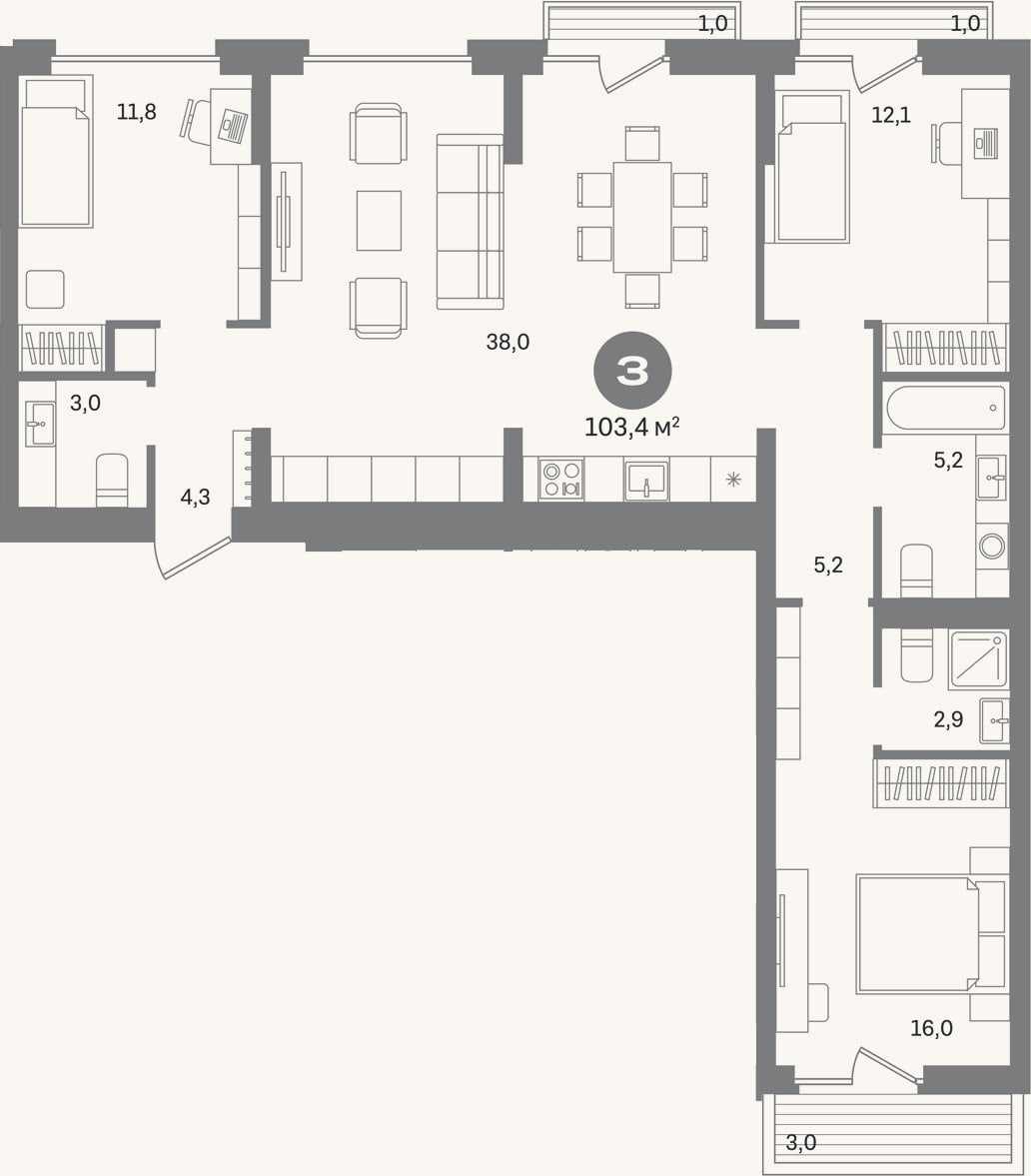Планировка: 3-к, 98,4 м²