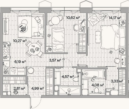 Планировка: 3-к, 64,6 м²