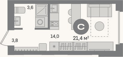 Планировка: Студия, 21,4 м²
