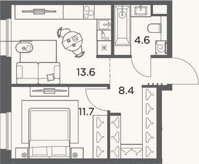 Планировка: 1-к, 38,3 м²