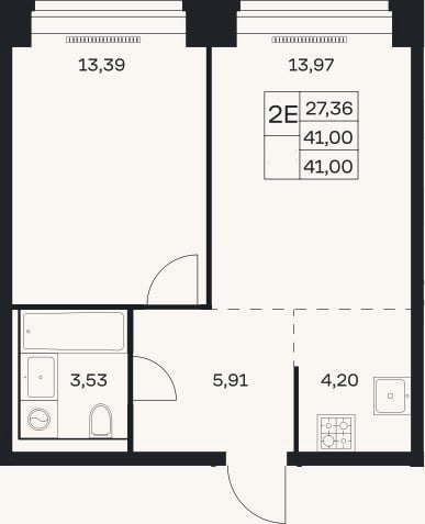 Планировка: 2-к, 41 м²
