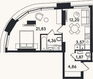 Планировка: 2-к, 48,7 м²