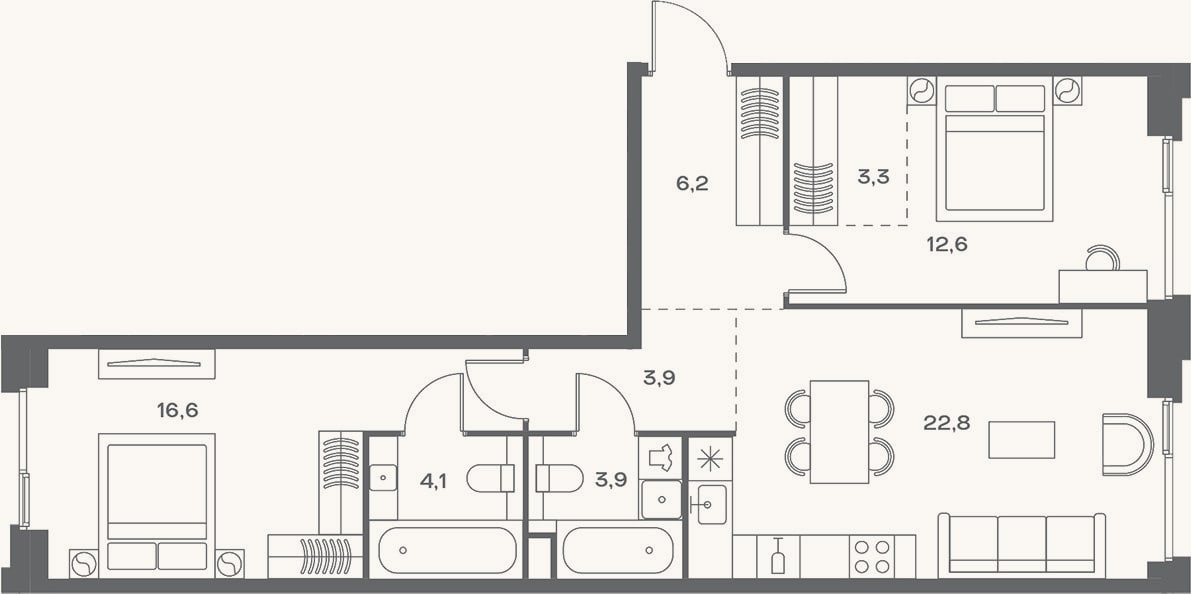 Планировка: 3-к, 73,4 м²