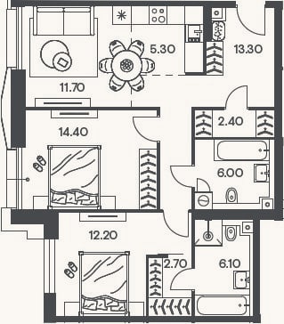 Планировка: 3-к, 74,1 м²
