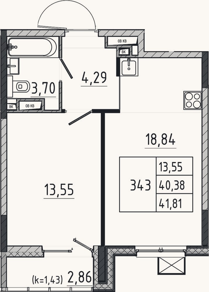 Планировка: 2-к, 40,4 м²