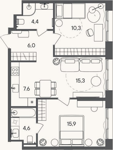 Планировка: 3-к, 64,1 м²