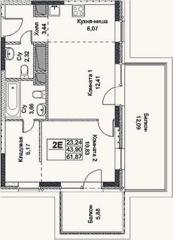 Планировка: 2-к, 43,9 м²