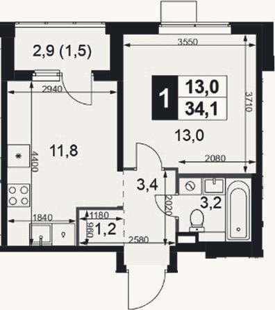 Планировка: 1-к, 32,6 м²