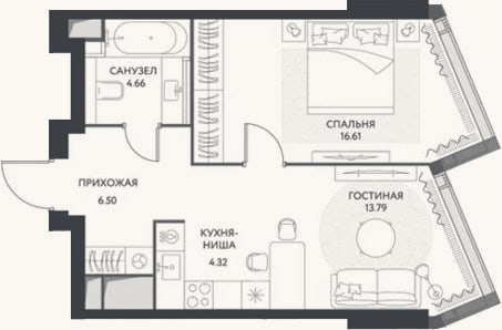 Планировка: 2-к, 45,9 м²