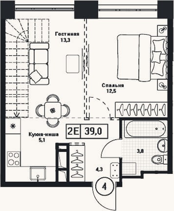 Планировка: 2-к, 39 м²