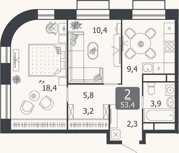 Планировка: 2-к, 53,4 м²