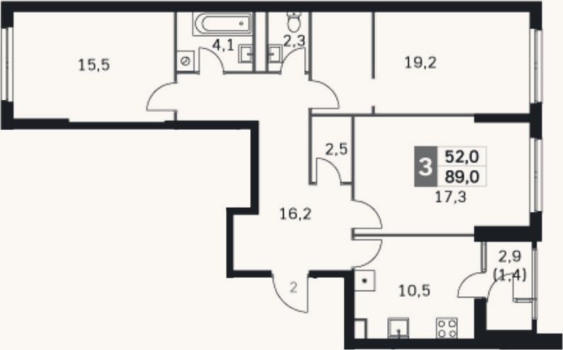 Планировка: 3-к, 87,3 м²