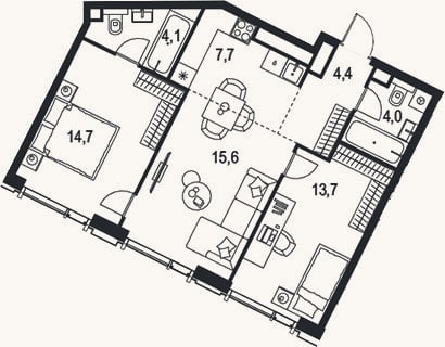 Планировка: 3-к, 64,2 м²
