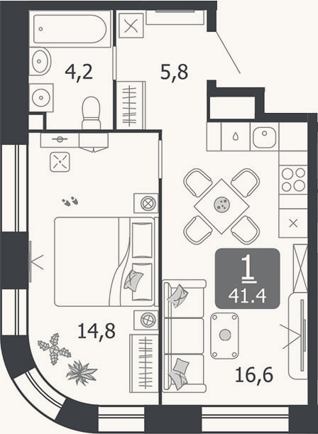 Планировка: 2-к, 41,4 м²