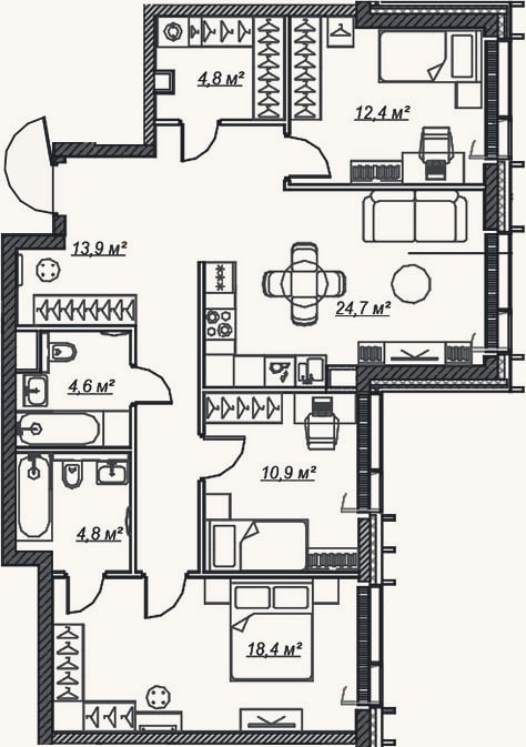 Планировка: 4+ к, 94,6 м²