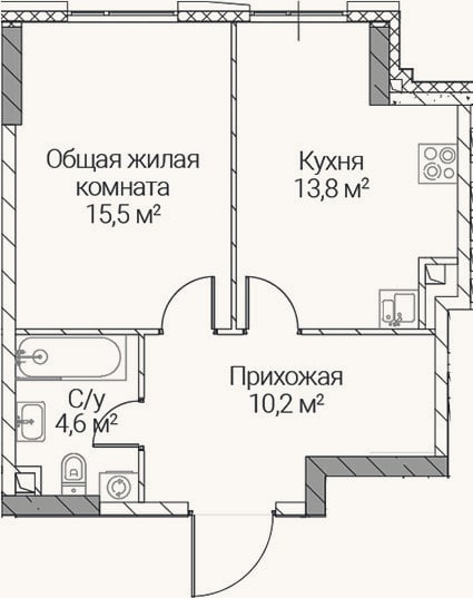 Планировка: 1-к, 44,1 м²