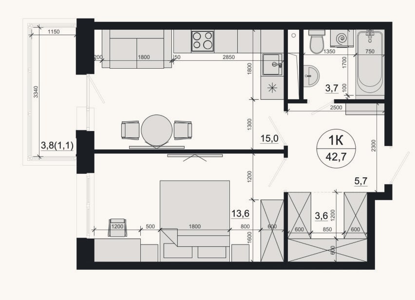 Планировка: 1-к, 41,6 м²