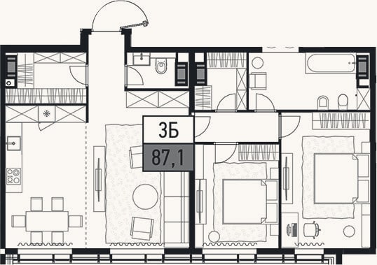 Планировка: 3-к, 87,1 м²
