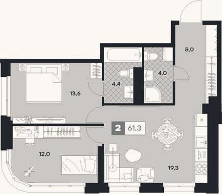 Планировка: 2-к, 62,5 м²