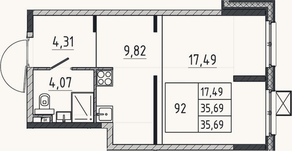 Планировка: Студия, 35,7 м²