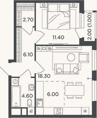 Планировка: 2-к, 49,1 м²