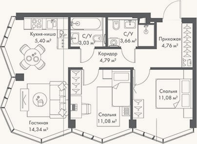 Планировка: 3-к, 58,1 м²