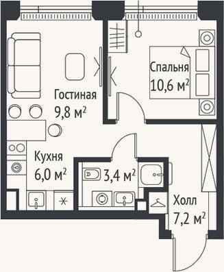 Планировка: 2-к, 37 м²